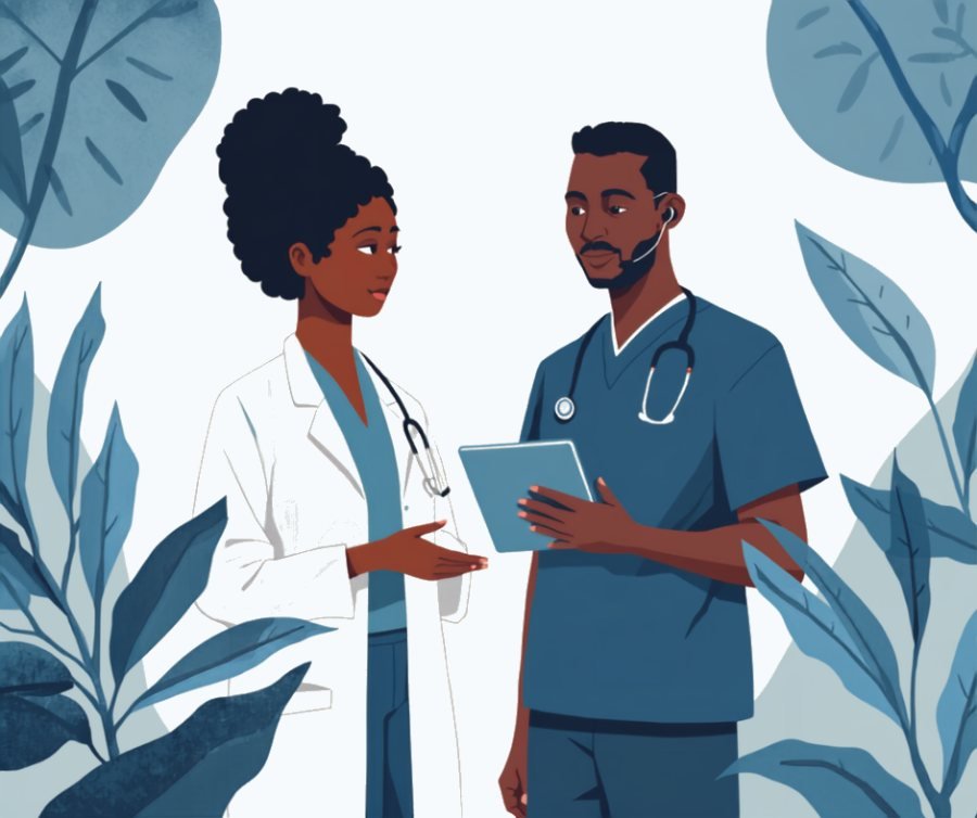 A Ghanaian doctor and nurse reviewing a tablet together